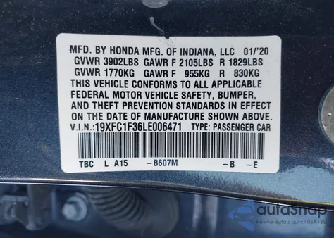 2020 Honda Civic Ex from USA, damaged, VIN 19XFC1F36LE006471